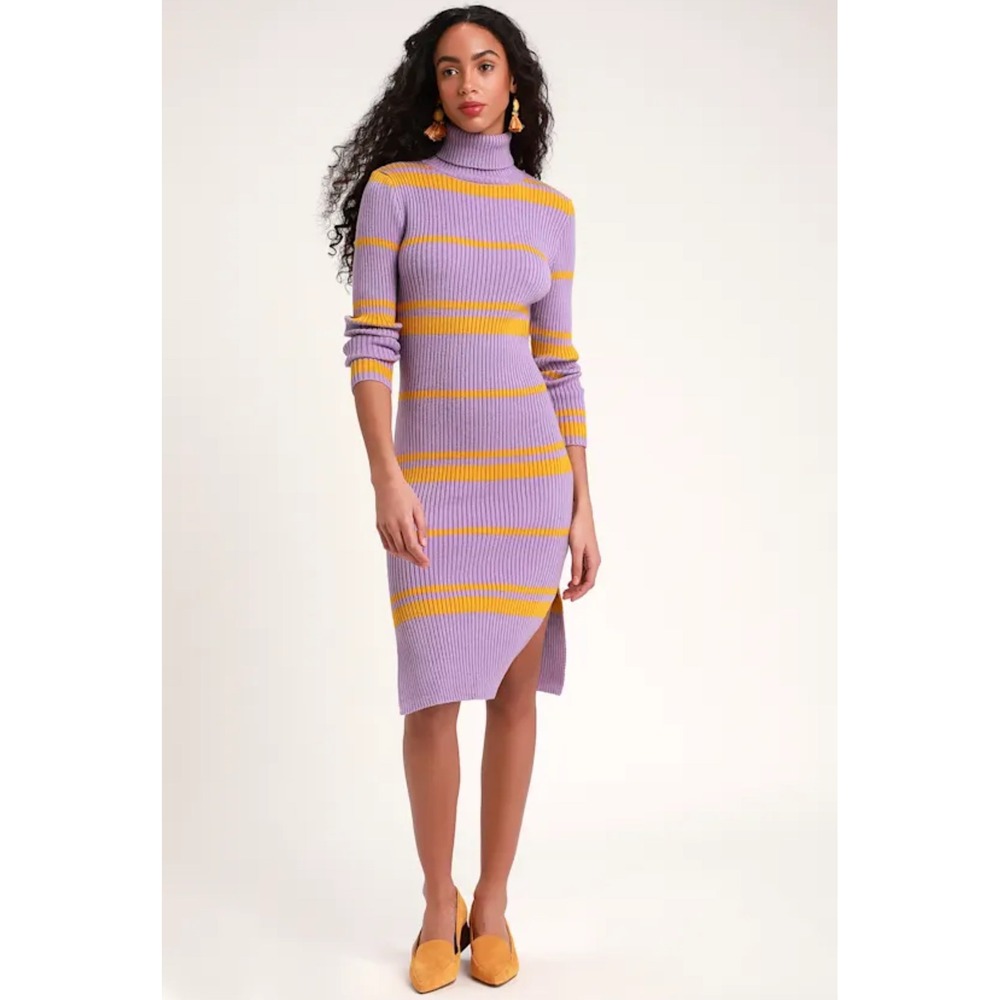 Moon River Turtleneck Midi Dress L Purple Yellow Striped Ribbed Retro Mod